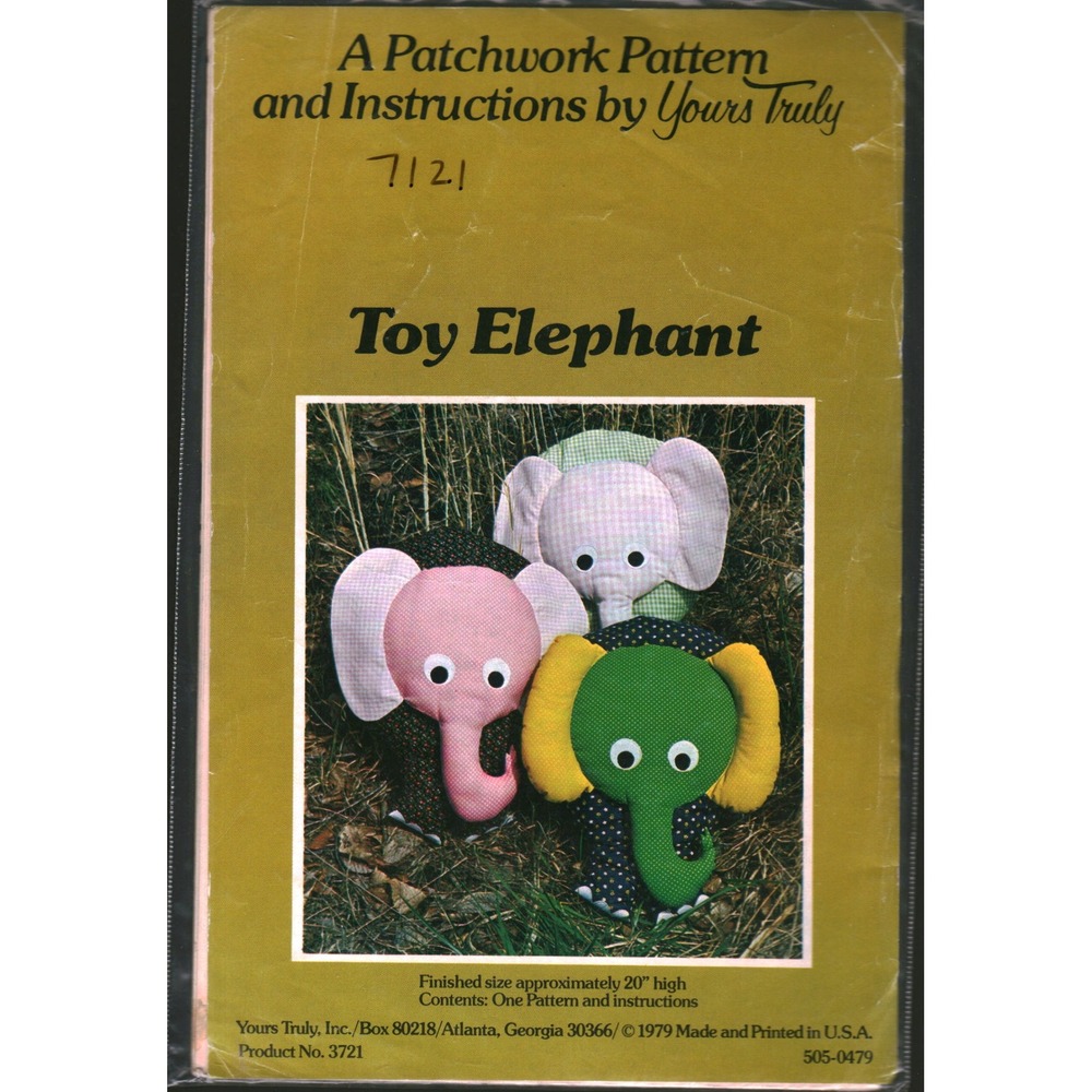 Vintage Yours Truly Toy Elephant Patchwork Sewing Pattern 3721 1979 20" Stuffed